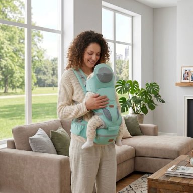 PORTABEBÉ MUNDO ONLINE ERGONÓMICO CON SOPORTE Y BOLSO CELESTE - 5
