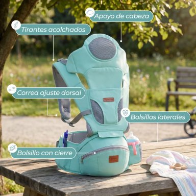 PORTABEBÉ MUNDO ONLINE ERGONÓMICO CON SOPORTE Y BOLSO CELESTE - 6