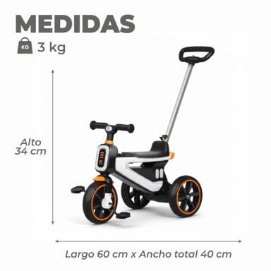 TRICICLO COCHE A PEDAL 2 EN 1 CON MANGO DESMONTABLE BLANCO - 3