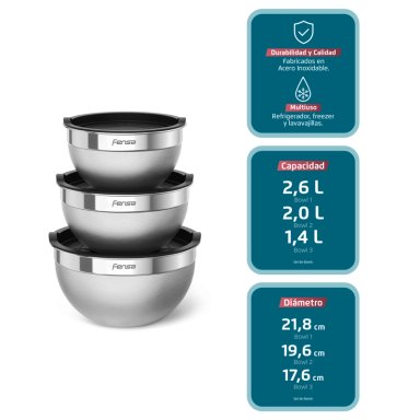 SET BOWLS ACERO INOXIDABLE MULTIUSO FENSA TAPA PLASTICO 3 UN - 3