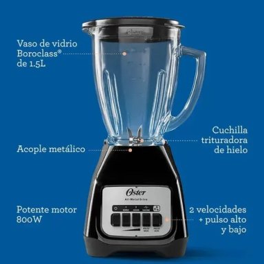 LICUADORA 2 VELOCIDADES 1.5L VIDRIO BASE PLATEADA OSTER 800W PICA HIELO - 2
