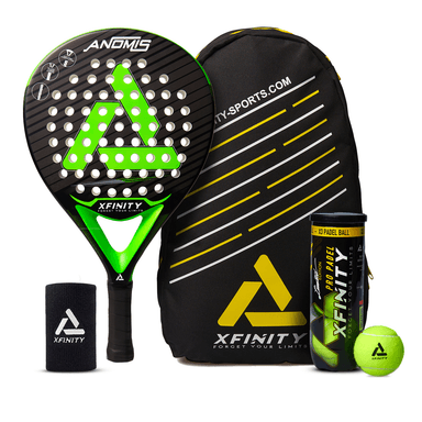 PACK PADEL XFINITY FIBRA DE VIDRIO PALA ANOMIS MOCHILA MUÑEQUERA TARRO - 1