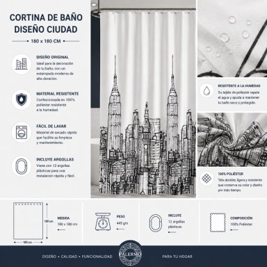 CORTINA DUCHA BAÑO CITY IMPERMEABLE CON IMANES 180X180CM - 2