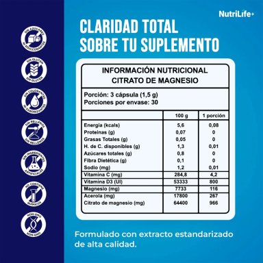 PACK 3 CITRATO DE MAGNESIO PURO 270 CAPSULAS NUTRILIFE+ SIN SABOR SUPLEMENTO - 5