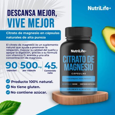 PACK 3 CITRATO DE MAGNESIO PURO 270 CAPSULAS NUTRILIFE+ SIN SABOR SUPLEMENTO - 6