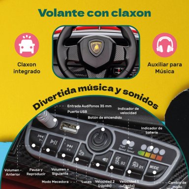 Auto Eléctrico Infantil Tipo Lamborghini 12V Control Remoto Luces Sonido MP3 Niños - 7