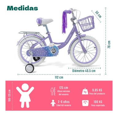 BICICLETA INFANTIL MORADA NIÑA RODADA 16 CON CANASTA COLOR MORADO TAMAÑO DEL CUADRO S - 6