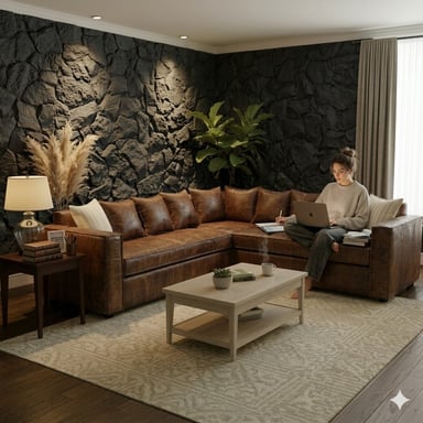 SOFA SECCIONAL BURTON CARAMELO DE CUERO SINTETICO ENVEJECIDO CON ASIENTOS DE RESORTES POCKET - 2