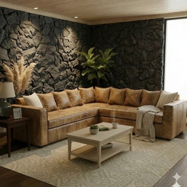 SOFA SECCIONAL BURTON BEIGE DE CUERO SINTETICO ENVEJECIDO CON ASIENTOS DE RESORTES POCKET - 1