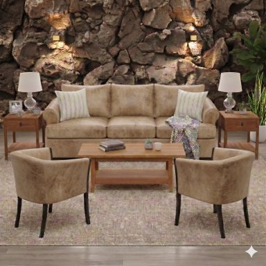 LIVING 311 OREGON  BEIGE CUERO SINTETICO ENVEJECIDO SOFA 3 CUERPOS RESORTES + 2 SITIALES DE MADERA - 1