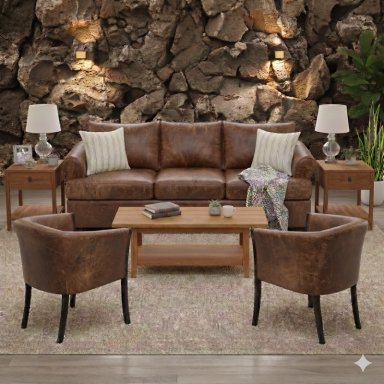 LIVING 311 OREGON CAFE CUERO SINTETICO ENVEJECIDO SOFA 3 CUERPOS RESORTES + 2 SITIALES DE MADERA - 1