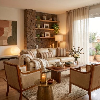LIVING TUCSON 311 BEIGE CUERO SINTETICO ENVEJECIDO SOFA 3 CUERPOS CON RESORTES +2 SITIALES DE MADERA - 1