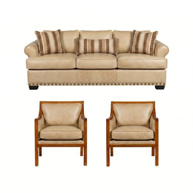 LIVING TUCSON 311 BEIGE CUERO SINTETICO ENVEJECIDO SOFA 3 CUERPOS CON RESORTES +2 SITIALES DE MADERA - 2