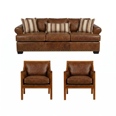 LIVING TUCSON 311 CAFE CUERO SINTETICO ENVEJECIDO SOFA 3 CUERPOS CON RESORTES +2 SITIALES DE MADERA - 2