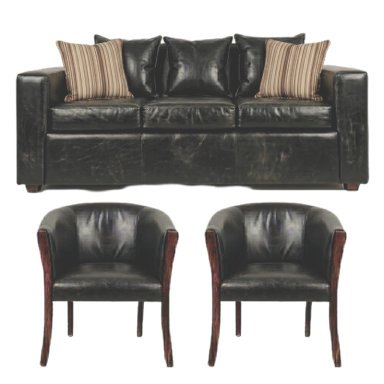 LIVING 311 KENTUCKY NEGRO CUERO SINTETICO ENVEJECIDO SOFA 3 CUERPOS MAS 2 SITIALES MADERA - 2