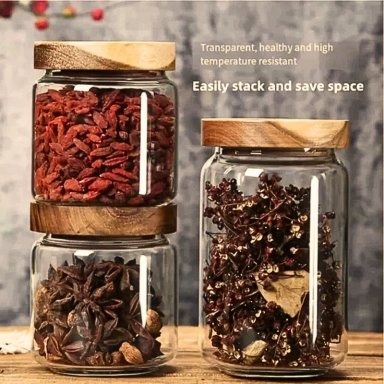 SET DE 3 FRASCOS DE VIDRIO CON TAPA DE MADERA 500 ML - 2
