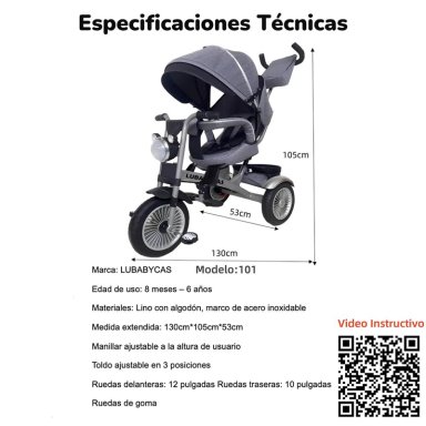 TRICICLO LUBABYCAS MULTIFUNCIONAL 360° CON LUCES NEGRO - 8