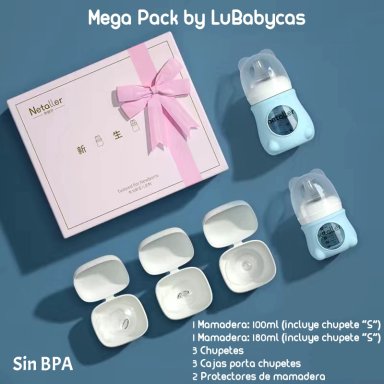 SET LUBABYCAS 2 MAMADERAS CON PROTECTORES 3 CHUPETES CAJA AZUL - 2