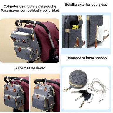 MOCHILA LUBABYCAS MATERNAL IMPERMEABLE CON ACCESORIOS GRIS - 3