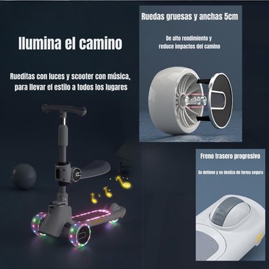 SCOOTER LUBABYCAS 3 RUEDAS 2 EN 1 ÚLTRA RESISTENTE GRIS - 4
