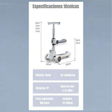 SCOOTER LUBABYCAS 3 RUEDAS 2 EN 1 ÚLTRA RESISTENTE GRIS - 5