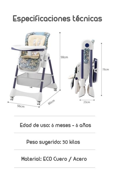 SILLA COMER LUBABYCAS MULTIPOSICIONES CON RUEDAS MIX AZUL - 7