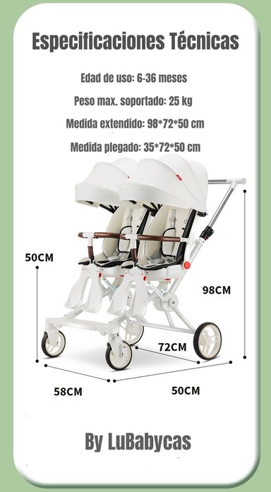 COCHE DOBLE CON MESITA DE COMER RECLINABLE BLANCO LUBABYCAS - 8
