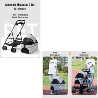 COCHE ACERO PERROS GATOS LUBABYCAS GRIS 2 EN 1 - 2