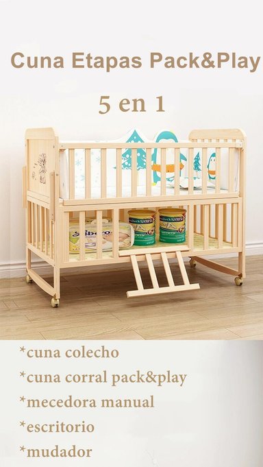 CUNA MADERA COLECHO CON MUDADOR MOSQUITERO ROSADA LUBABYCAS - 2