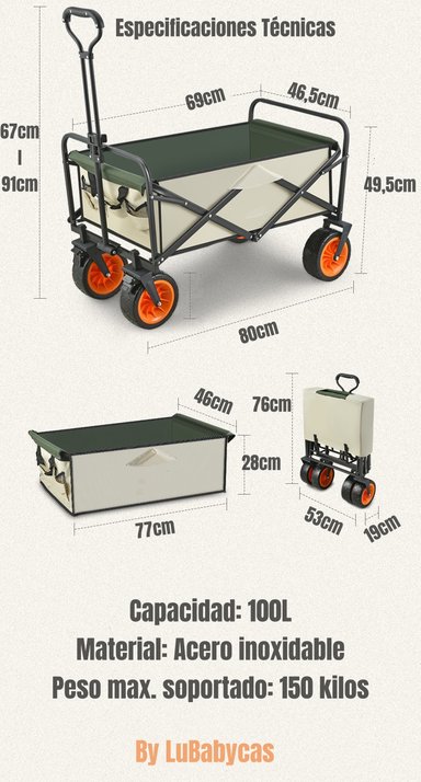 CARRITO LUBABYCAS PARA COMPRAS Y CAMPING CON FRENOS NEGRO 52 X 16 CM - 8
