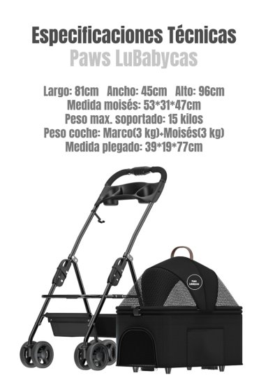 COCHE LINO MASCOTAS PLEGABLE LUBABYCAS NEGRO 2 EN 1 - 8