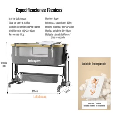 CUNA COLECHO LUBABYCAS HOPE ACERO GRIS CON MUDADOR COLCHÓN MOSQUITERO - 8