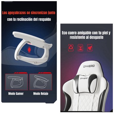 SILLA GAMER ERGONOMICA RECLINABLE CON REPOSAPIES BLANCA - 6