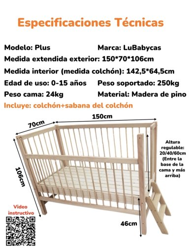 CAMA COLECHO LUBABYCAS PLUS MADERA CAFE 4 LATERALES CON COLCHÓN Y SABANA - 8