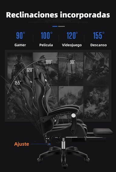 SILLA GAMER RECLINABLE CON REPOSA PIES NEGRA LUBABYCAS - 2