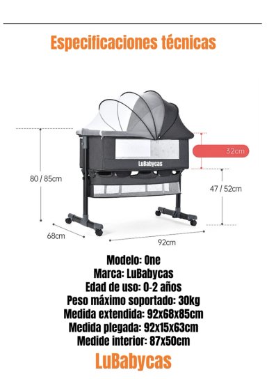 CUNA COLECHO ONE CON MOSQUITERO COLCHON GRIS LUBABYCAS - 8