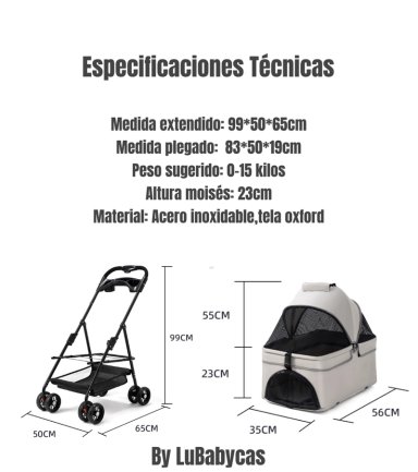 COCHE PARA MASCOTAS PERROS GATOS 2 EN 1 LUBABYCAS NEGRO - 8