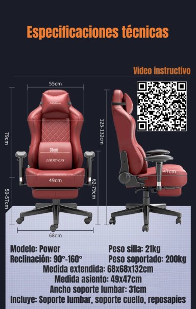 SILLA GAMER PREMIUM RECLINABLE CON REPOSAPIES POWER NEGRA - 8