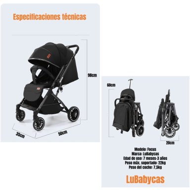 COCHE PASEO REVERSIBLE CON MOSQUITERO FOCUS NEGRO LUBABYCAS - 8