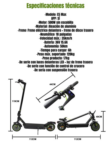 SCOOTER ELE CTRICO ALUMINIO CON APP 50KM 36V 500W E5MAX - 7