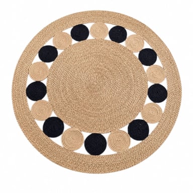 ALFOMBRA REDONDA DE YUTE 120 CM BEIGE Y NEGRA ESTILO BOHO PARA LIVING Y DORMITORIO - 1