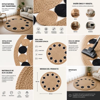 ALFOMBRA REDONDA DE YUTE 120 CM BEIGE Y NEGRA ESTILO BOHO PARA LIVING Y DORMITORIO - 2