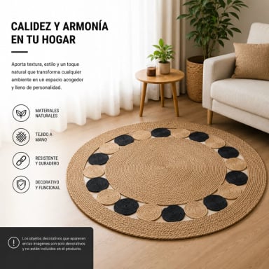 ALFOMBRA REDONDA DE YUTE 120 CM BEIGE Y NEGRA ESTILO BOHO PARA LIVING Y DORMITORIO - 3