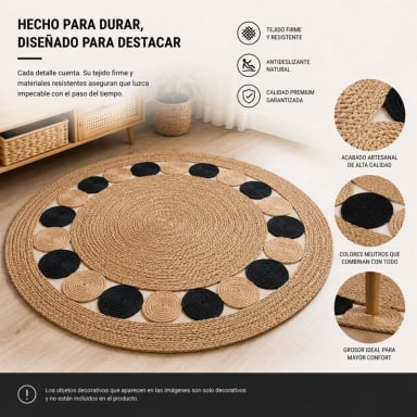 ALFOMBRA REDONDA DE YUTE 120 CM BEIGE Y NEGRA ESTILO BOHO PARA LIVING Y DORMITORIO - 4