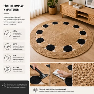 ALFOMBRA REDONDA DE YUTE 120 CM BEIGE Y NEGRA ESTILO BOHO PARA LIVING Y DORMITORIO - 5