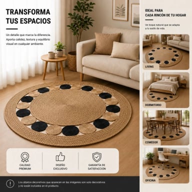 ALFOMBRA REDONDA DE YUTE 120 CM BEIGE Y NEGRA ESTILO BOHO PARA LIVING Y DORMITORIO - 6