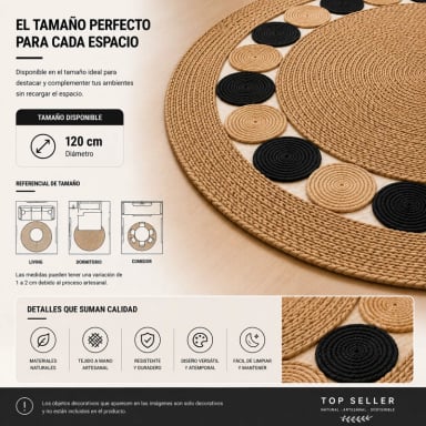 ALFOMBRA REDONDA DE YUTE 120 CM BEIGE Y NEGRA ESTILO BOHO PARA LIVING Y DORMITORIO - 7