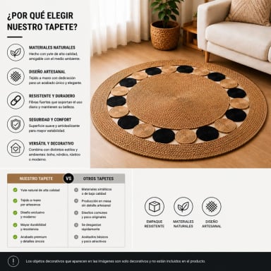 ALFOMBRA REDONDA DE YUTE 120 CM BEIGE Y NEGRA ESTILO BOHO PARA LIVING Y DORMITORIO - 8
