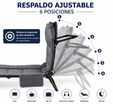 CAMA PORTATIL PLEGABLE RECLINABLE 6 POSICIONES COLCHON ACOLCHADO ESTRUCTURA REFORZADA RESISTENTE - 2