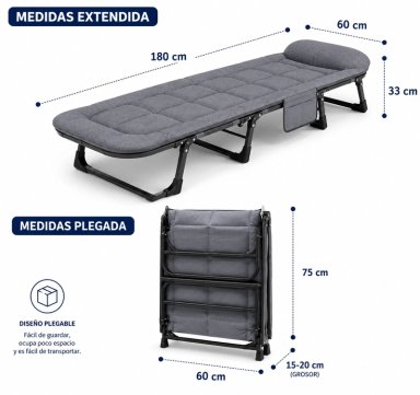 CAMA PORTATIL PLEGABLE RECLINABLE 6 POSICIONES COLCHON ACOLCHADO ESTRUCTURA REFORZADA RESISTENTE - 3